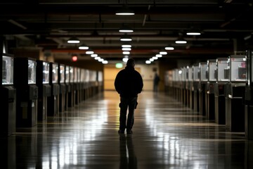 Une silhouette d'homme de dos qui marche sur une route seul avec des nuages sombre - generative AI. Beautiful simple AI generated image