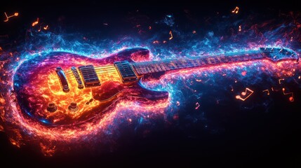 Fiery electric guitar with musical notes.