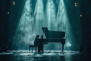 Pianist musician playing grand piano at classical traditional concert from stage under spotlights.