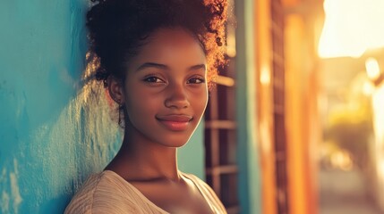 Naklejka premium Vibrant portrait of a confident young woman in Cuba. Soft warm sunlight and colorful architecture.