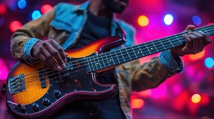Obraz premium A musician playing a bass guitar on stage with vibrant lights in the background.