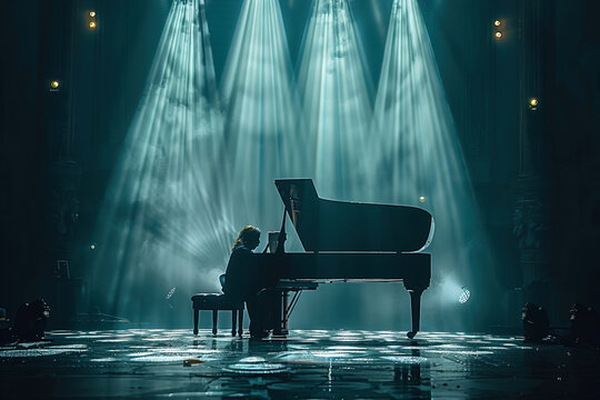 Pianist musician playing grand piano at classical traditional concert from stage under spotlights.