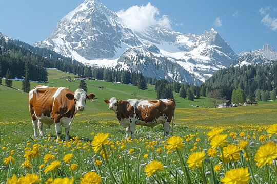 Simmental cattle grazing in a vibrant meadow with snow capped mountains under a clear sky