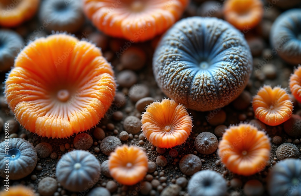 Poster Detailed microscopic view of diverse fungi spores. Orange, blue spores unique shapes, structures. Close-up view shows intricate details. Fungi spores arranged on dark surface. Microscopic fungi