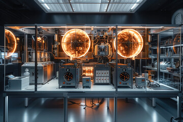 Scientists conducting teleportation experiments in a modern laboratory setting