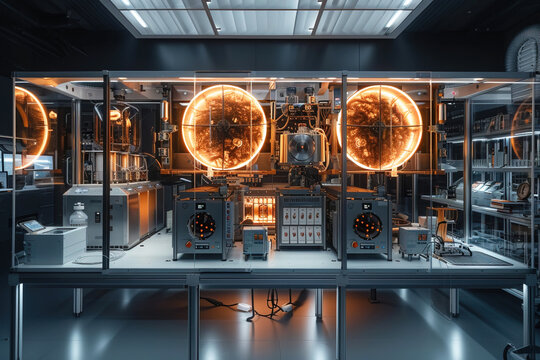 Scientists conducting teleportation experiments in a modern laboratory setting