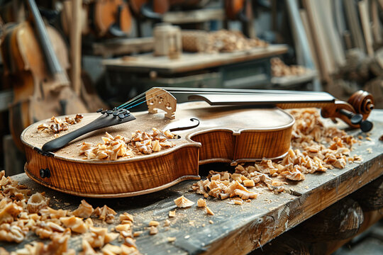 A beautifully crafted violin resting on a workbench surrounded by wood shavings in a workshop