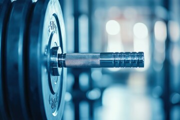 Close-up of a dumbbell in a gym setting, emphasizing fitness equipment and the ambiance of a workout space with warm lighting.. Beautiful simple AI generated image