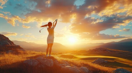 Woman golfer teeing off at sunset on a mountain golf course.