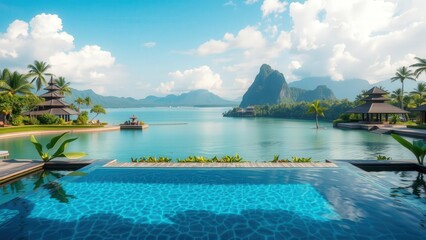 Obraz premium Luxurious Tropical Resort with Infinity Pool Overlooking Crystal Blue Waters and Lush Green Landscape