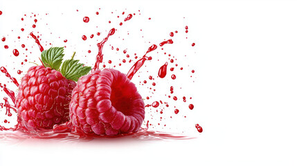 Fresh raspberries with vibrant red juice splashes on white background