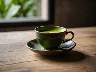 a cup of matcha on the table in the morning