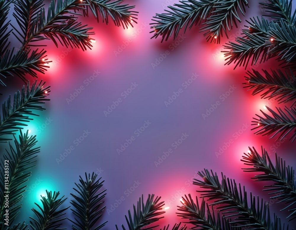 Poster festive frame with glowing lights, fir branches on purple background. glowing neon lights form festi