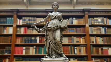 Fototapeta premium A statue of a woman holding a book in a library filled with colorful bookshelves.