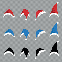 New Year Santa Claus Hats Set. Red, Blue and Isolated Styles