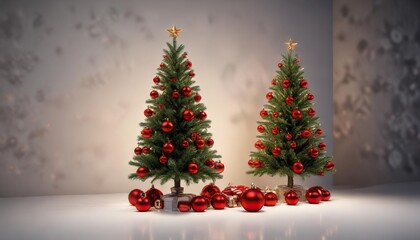 Obraz premium A beautifully lit image of a small Christmas tree adorned with shiny metallic balls and bright red spherical ornaments , lighting, shiny, sparkle