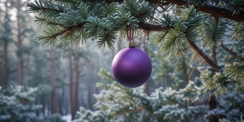 A beautiful purple Christmas ball hanging from a sturdy pine branch amidst a frosty forest of pine trees on a cold winter morning, purple christmas ball, tranquil environment, winter forest