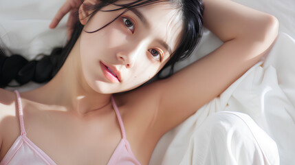 Naklejka premium beautiful Korean female idol, wearing a pink tank top and white skirt, poses with her hand holding her head. She has black hair in a braid, and is posing for a photo shoot against a white background