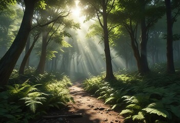 A canopy of dense foliage blocks out most of the sunlight, casting dappled shadows on the forest floor,  leafy layer,  forest atmosphere, forest canopy