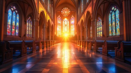 Fototapeta premium A sunlit church interior with colorful stained glass and wooden pews.