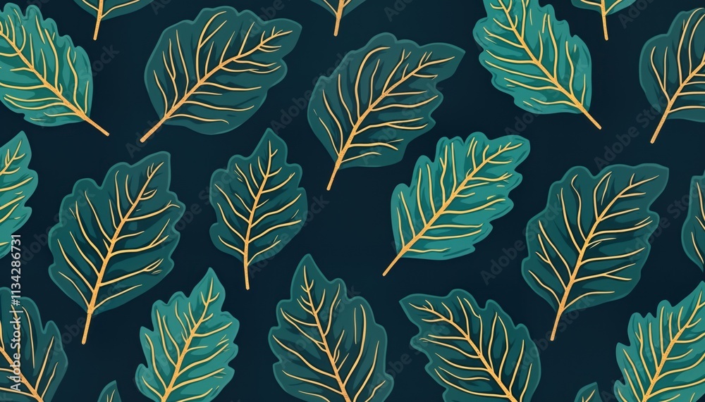 Poster decorative pattern shows various tropical leaves in teal, gold. design features repeating pattern of