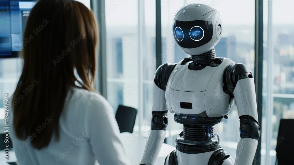 Poster a female ai robot interacting with a human in a minimalist office setting, showcasing advanced ai te