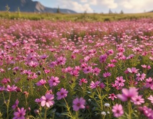 A field of pink wildflowers swaying gently in the breeze with a sunny sky above, pink, growth