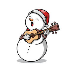 Happy snowman in Santa hat playing guitar; perfect for holiday greeting cards, music event posters, winterthemed social media posts.