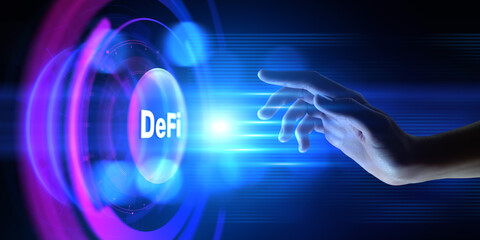 Decentralized finance blockchain technology cryptocurrency. Hands pressing button virtual screen.