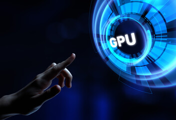 GPU Graphic processor unit. Hands pressing button virtual screen.