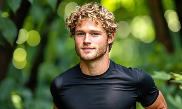 Athletic young man with curly blond hair in a forest.