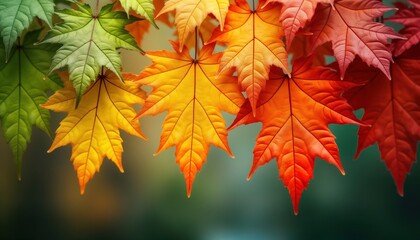 Fototapeta premium Autumn leaves transition from green to vibrant reds and oranges. Nature wallpaper showcases fall colors. Colorful leaves on branch. Beautiful fall season image. Vibrant foliage. Fall season nature.