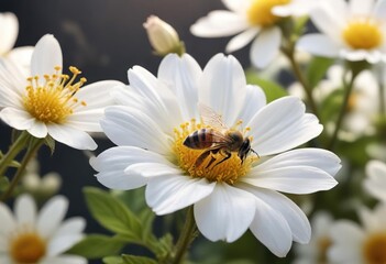 Fototapeta premium A honey bee drinking nectar from a white flower, insect photography, flower surface, floral behavior