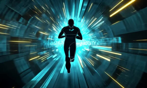 A silhouette of a runner sprinting through a futuristic, neon-lit tunnel.