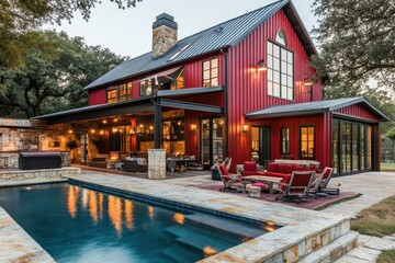 Red barn house with pool and patio. Perfect for real estate, luxury living, and home design websites.