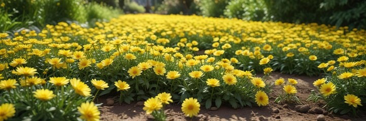 Fototapeta premium A sprawling patch of Blossom yellow Chrysanthemum flowers covering the ground with lush green foliage in a sun-drenched garden, patch, blossom yellow chrysanthemum, flowers