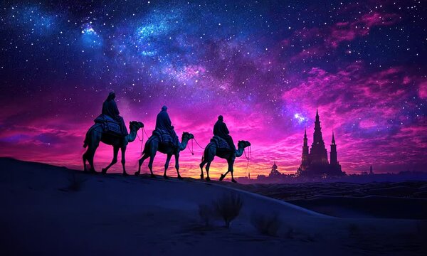 Three wise men riding camels across a desert under a vibrant, starry night sky towards a majestic castle.