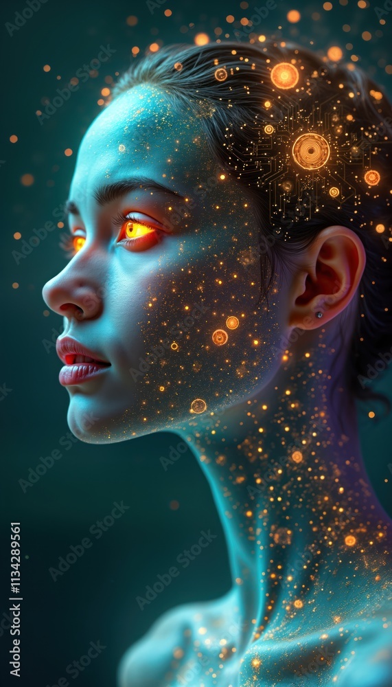 Poster woman with glowing tech features in profile view. digital art style illustrates human, tech fusion. 