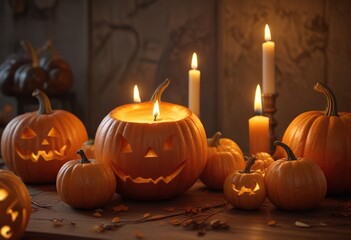 Carved pumpkins are arranged around a glowing candle, creating a warm and welcoming ambiance, pumpkins, autumnal landscape