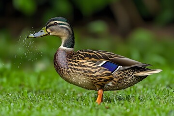 Fototapeta premium A vibrant duck stands on grass, droplets of water splashing from its beak.