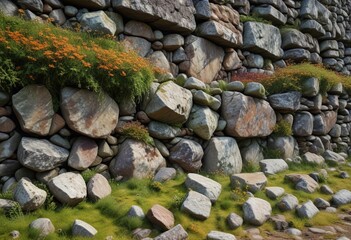 Old stone wall with scattered stones and moss covering the surface , moss, faded