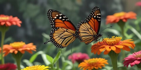 Obraz premium A monarch butterfly sipping nectar from a colorful zinnia, garden scenery, monarch butterfly, insect life