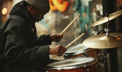 Person plays drums outdoors, urban background.