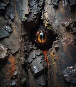 A dark, slimy mass protrudes from the crack in the wall, oozing towards the viewer with an unblinking gaze , gaze, basement
