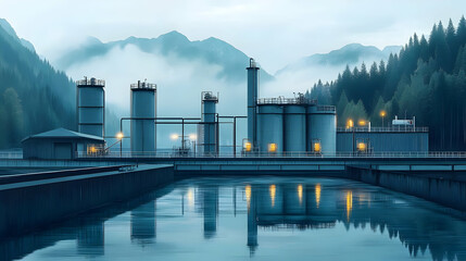 Obraz premium Industrial facility by a lake, surrounded by mountains and trees, with a foggy atmosphere.
