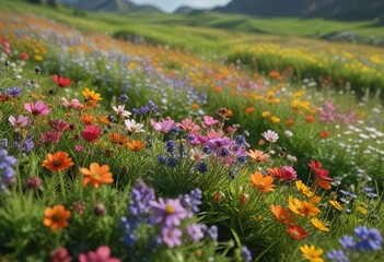 Obraz premium A serene and peaceful scene of multicolored wildflowers swaying in the breeze amidst a lush green field, nature, scenery