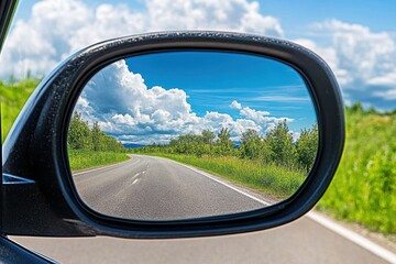 Country road reflected in car side mirror, sunny sky with fluffy clouds. Perfect for travel, road trip, or summer themes; evokes freedom and journey.