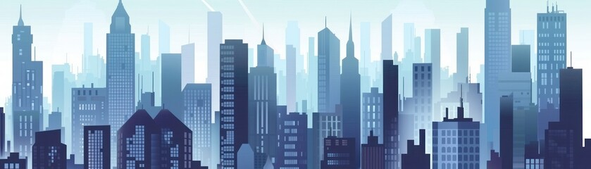 A stylized city skyline featuring tall buildings in varying shades of blue, creating a modern and atmospheric urban landscape.