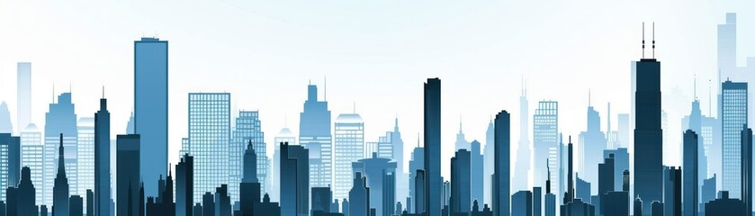 Fototapeta premium A minimalist city skyline silhouette with a gradient background, showcasing various building shapes and heights against a light blue sky.