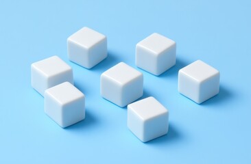 Obraz premium Seven white cubes arranged on a light blue background.